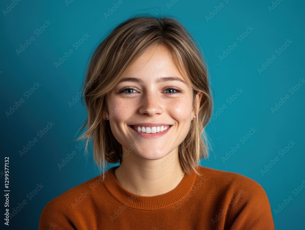 Young Woman Smiling in Front of Blue Background Young Woman Smiling in Front of Blue Background
