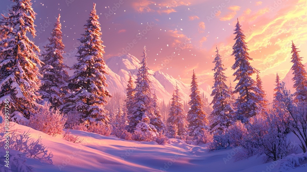 Fototapeta premium Snowy mountain forest at sunset.