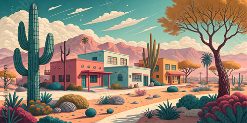 Colorful abstract background. 80s buildings, clear sky, desert trees, conveying a sense of drought.