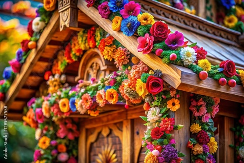 Wallpaper Mural Low Light Wooden Structure with Flowers, Rustic Wooden Floor, Grey Background - Stock Photo Torontodigital.ca