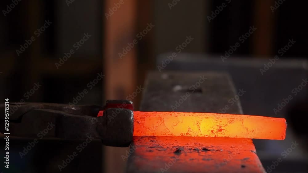 Blacksmith forging heated steel bar on anvil with hammer Blacksmith forging heated steel bar on anvil with hammer