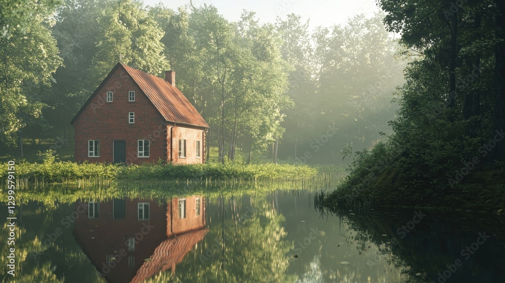 Fototapeta premium Misty morning, red brick house reflected in calm water, surrounded by lush green forest.