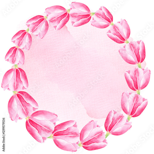 Tulip watercolor wreath with pink underlay on white. Hand painted delicate pink flower, eco design. High quality clip art perfect for mother's day, women's day cards, posters, banners, decor and