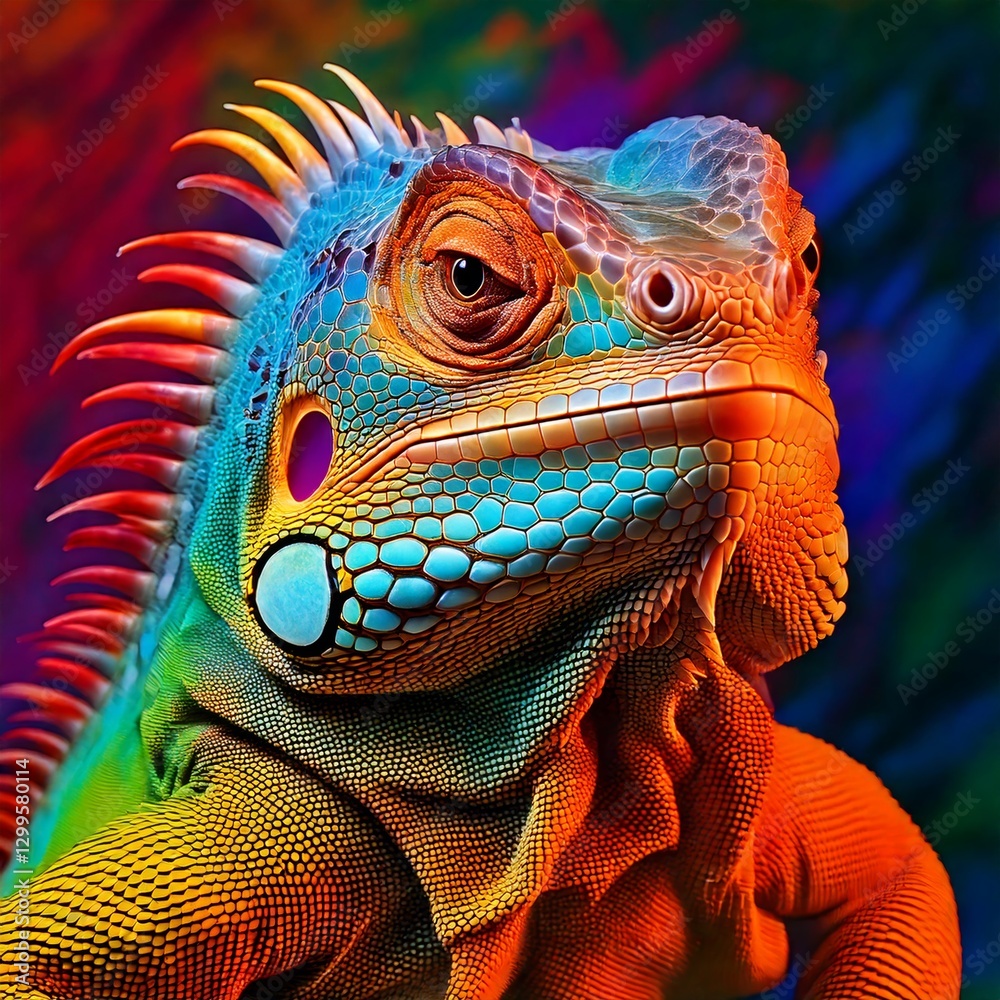 Fototapeta premium Iguana multicolor, procedente de zonas acuáticas, concepto de mascota y alegría.