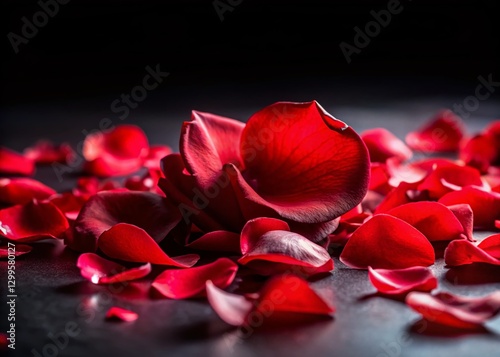 Lush Red Rose Petals Scattered on Black Background - Romantic, Elegant Stock Photo