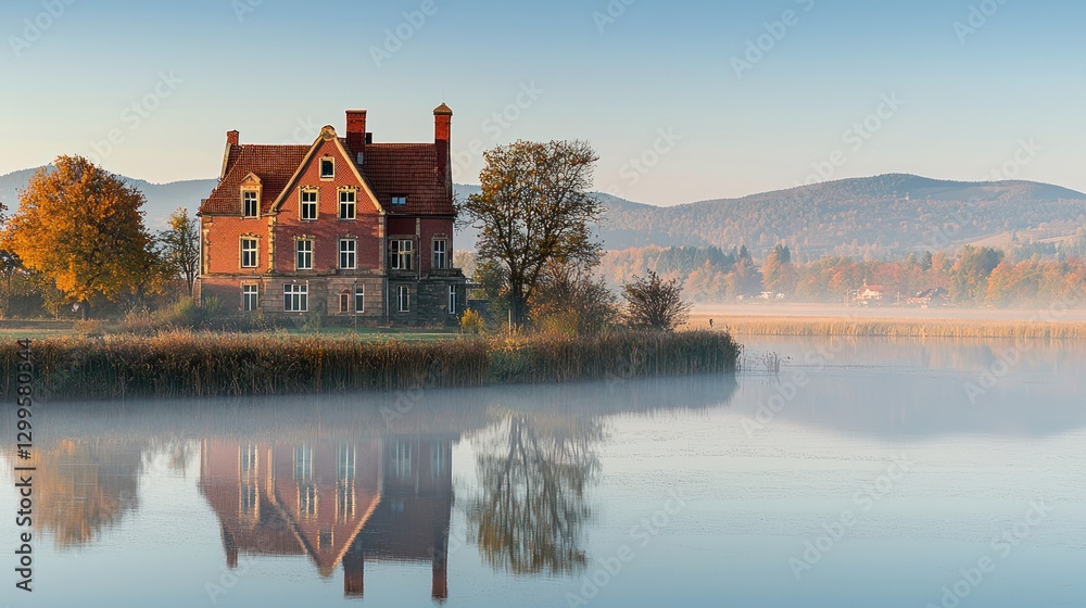 Autumnal lake house reflection at sunrise. (1) Autumnal lake house reflection at sunrise. (1)