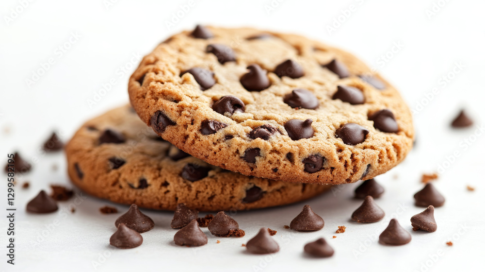 Chocolate chip cookies with scattered chocolate chips on white background. cookies appear freshly baked, with golden brown color and soft texture, evoking sense of warmth and comfort Chocolate chip cookies with scattered chocolate chips on white background. cookies appear freshly baked, with golden brown color and soft texture, evoking sense of warmth and comfort