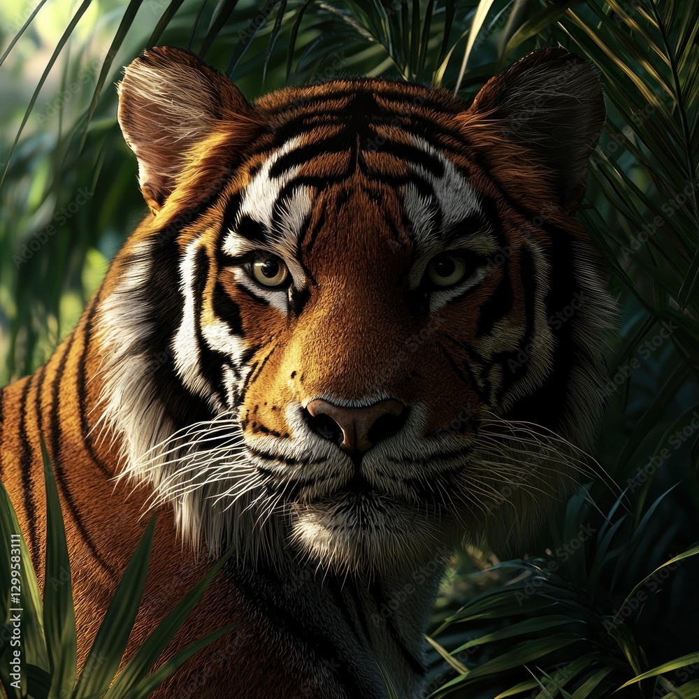 Fototapeta premium Majestic tiger peering from lush foliage.