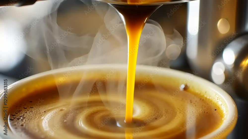 Freshly brewed coffee pouring into a cup with steam rising in a cozy caf? setting