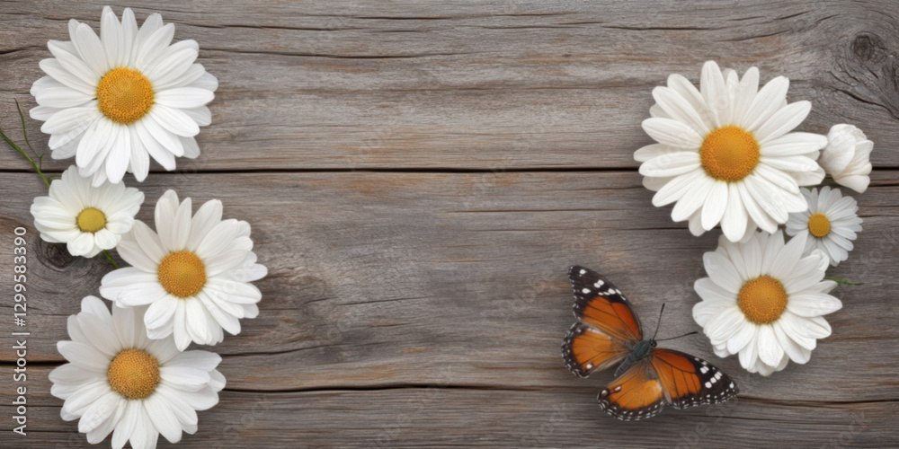 Obraz premium Daisy and Butterfly on Rustic Wood Wall