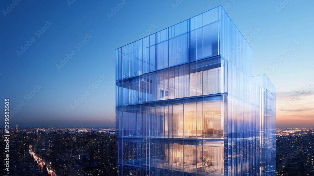 Fototapeta premium Modern glass skyscraper at dusk, city view. (1)