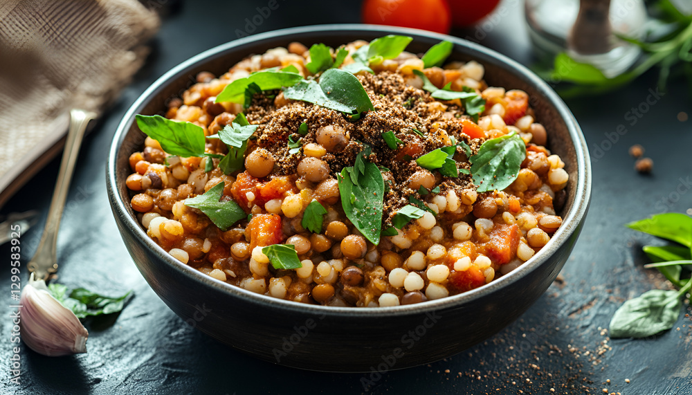 vegan lentil and couscous ragu with herbs and dukkah as topping, healthy plant-based food recipes vegan lentil and couscous ragu with herbs and dukkah as topping, healthy plant-based food recipes