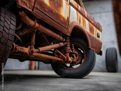 Close-up of an old rusted truck undercarriage with corroded metal parts and worn-out suspension, highlighting aging vehicles, decay, and mechanical wear and tear

