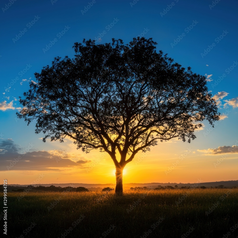 Solitary tree silhouetted against a vibrant sunset over a grassy field. Solitary tree silhouetted against a vibrant sunset over a grassy field.