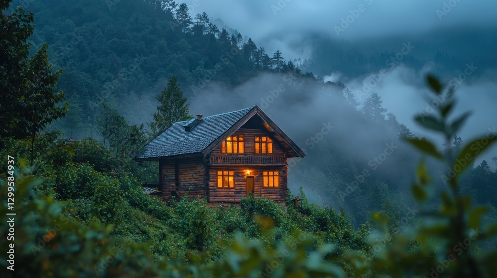 Fototapeta premium Cozy cabin nestled in misty mountainside at dusk.