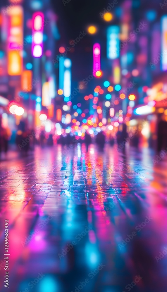 Fototapeta premium Vibrant city street illuminated by bright neon lights and reflections at night