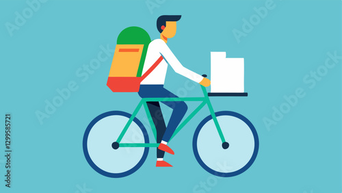 Sustainable Transportation A vector showing an analyst commuting to work on a bicycle with a backpack filled with documents related to carbon reduction assessments.