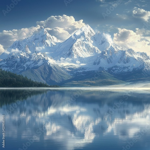 Majestic snow-capped mountains reflected in a calm lake at sunrise.