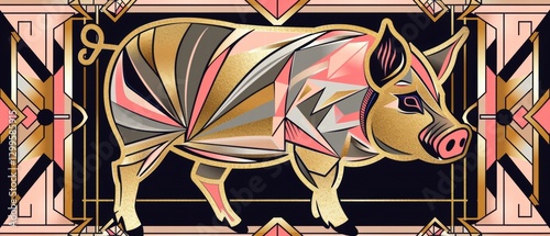 Art deco style vector pig organic shapes clean lines gold pink geometric patterns. photo