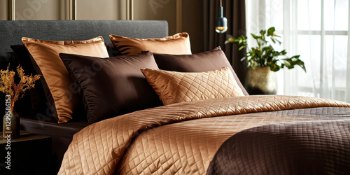 Luxurious linens in dark tones with gold details, creates an elegant and cozy atmosphere in the bedroom. Bedding concept