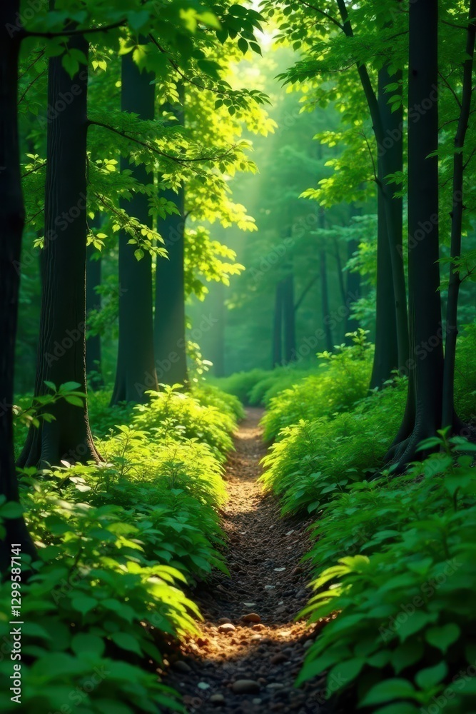 Fototapeta premium Evergreen foliage carpeting a winding forest path, evergreen, woodland, green foliage