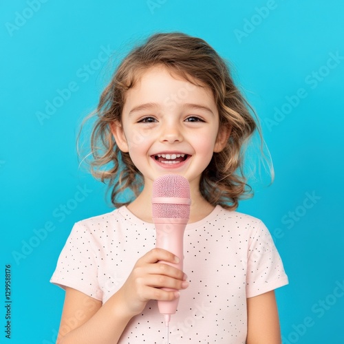 Girl Singing into Pink Microphone on Blue Background