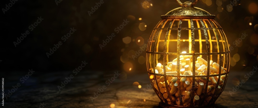 Obraz premium A golden cage filled with pills, an intricate design, with faint glowing light, symbolizing cartoon addiction watermark.