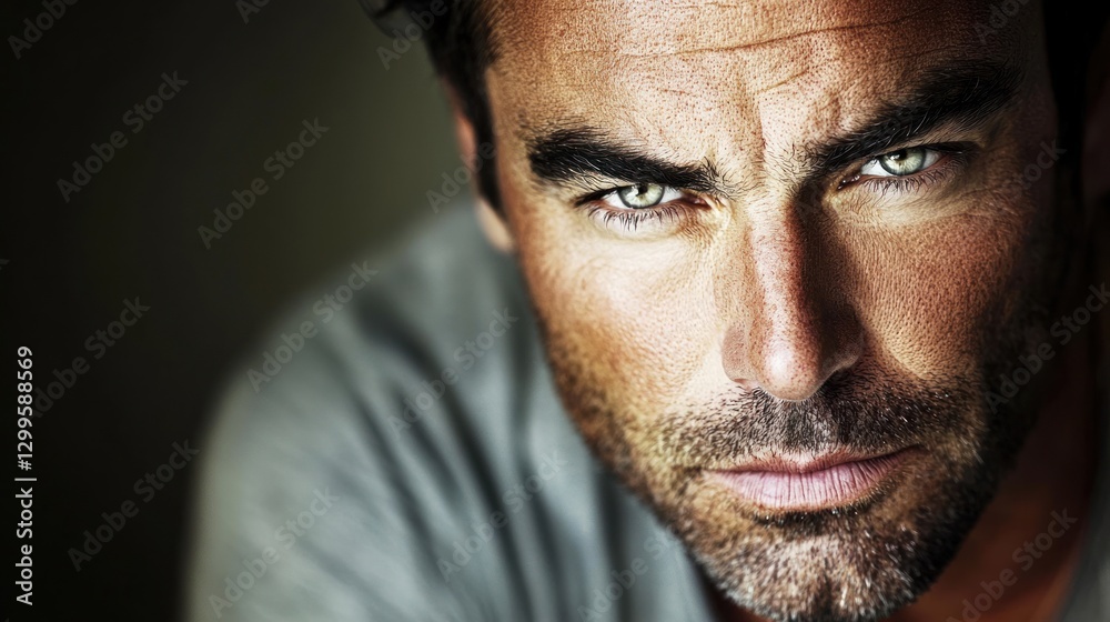 Fototapeta premium Close-up portrait of a serious, intense man with piercing green eyes and stubble.