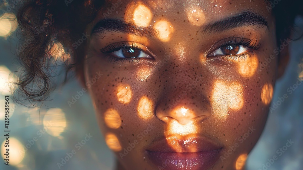 Close-up portrait of a young woman with freckles, sunlight dappled on her face. Close-up portrait of a young woman with freckles, sunlight dappled on her face.