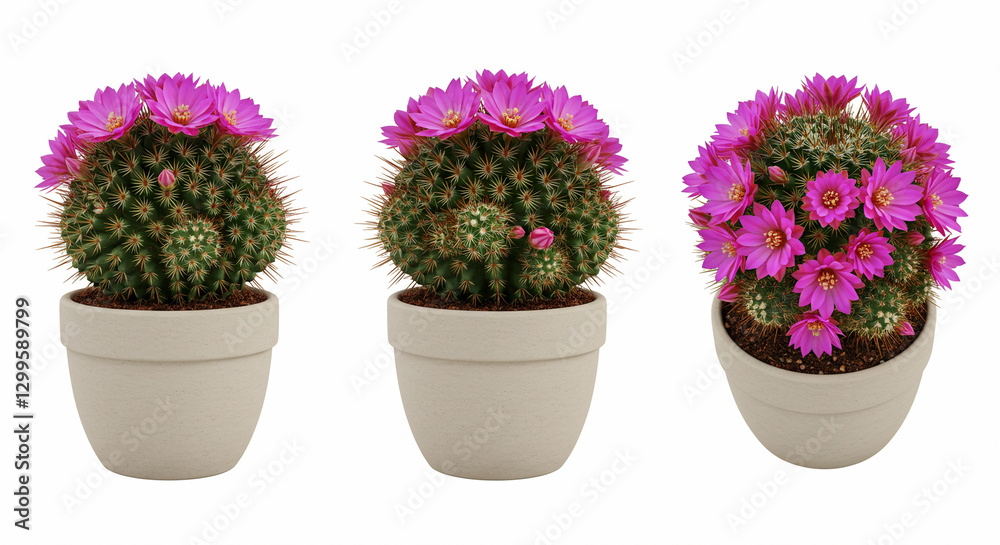 Cactus floreciente con flores rosas en macetas desde diferentes ángulos sobre fondo blanco Cactus floreciente con flores rosas en macetas desde diferentes ángulos sobre fondo blanco