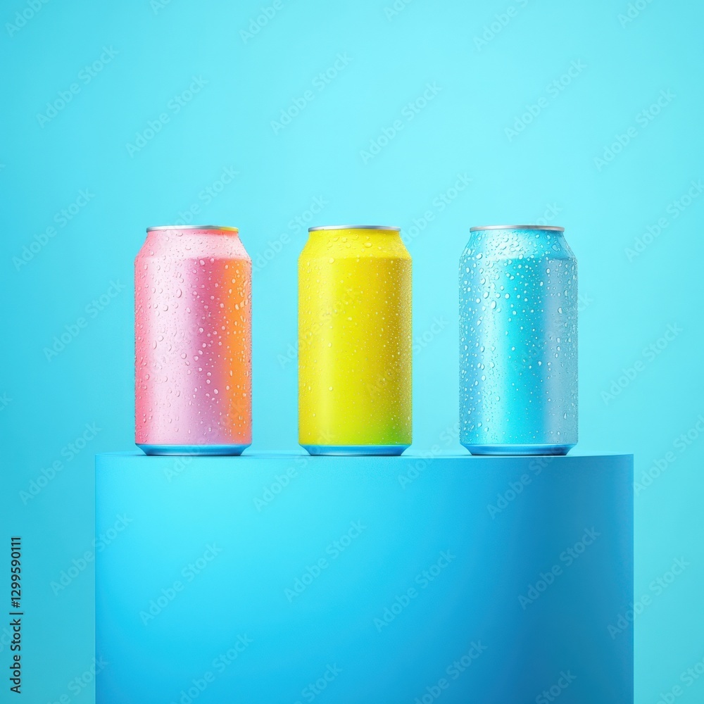 Colorful Soda Cans with Condensation on a Blue Background Colorful Soda Cans with Condensation on a Blue Background