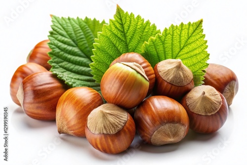 Macro Photo of Hazelnuts with Leaves, Isolated on White Background - Low Light Photography