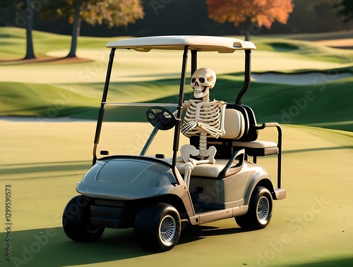 Humorous surreal image of a skeleton driving a golf cart on a golf course, blending spooky Halloween themes with sports, humor, and outdoor scenery in a creative and playful concept

