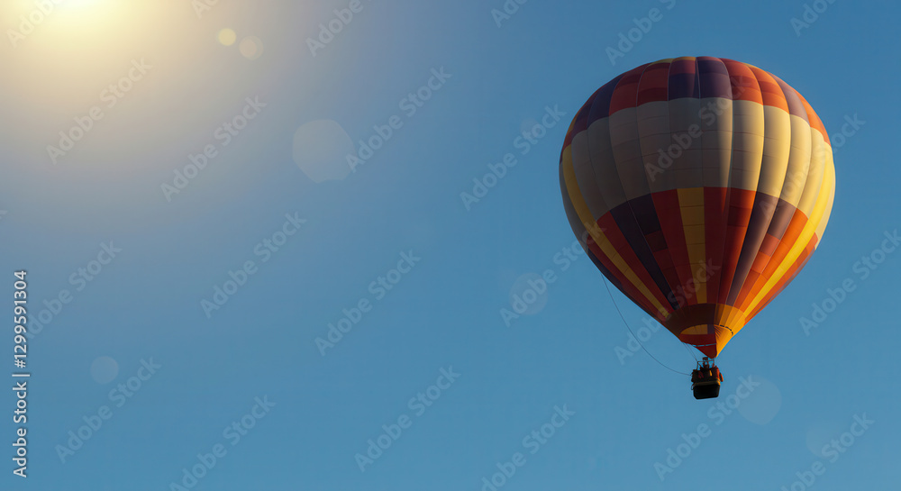 Colorful Hot Air Balloon Ascending in Clear Sky at Sunrise for Leisure and Adventure Travel Colorful Hot Air Balloon Ascending in Clear Sky at Sunrise for Leisure and Adventure Travel
