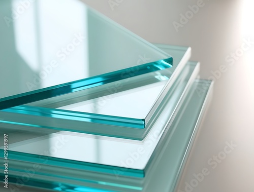 Stack of transparent tempered glass sheets with a greenish tint, symbolizing modern architecture, construction materials, industrial design, safety glazing, and high-quality manufacturing

