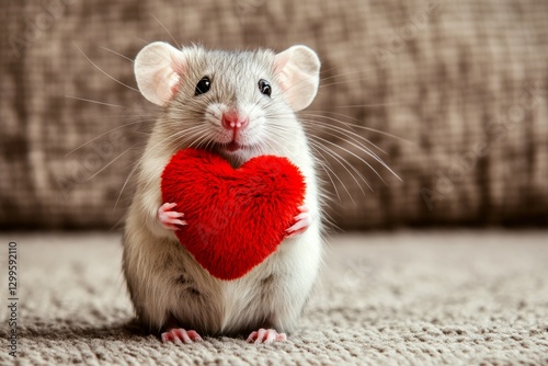 Cute rat baby with domestic animal toy red heart on in a natural habitat. Promotion animal creative. Rat - my cherished animal. Love and wildlife. Valentineâ€™s greeting card with animals. photo