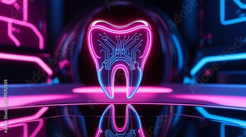Futuristic neon glowing tooth with circuit board pattern, symbolizing digital dentistry, artificial intelligence in healthcare, innovative dental technology, and modern oral care

