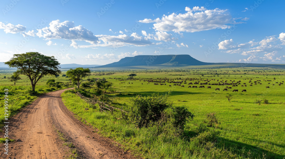 Naklejka premium tranquil landscape with distant view of migrating wildlife and lush greenery. dirt road leads through vibrant savanna