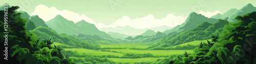 Serene Mountain Valley Landscape Vector Art with Lush Green Hills, Rolling Meadows, and Dense Forest Under Bright Sky for Nature Background or Wallpaper