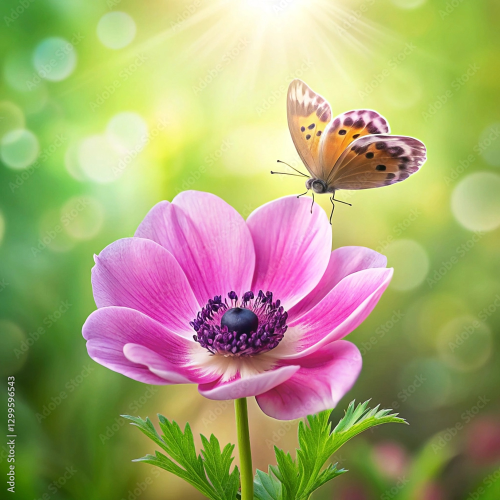 Pink anemone flower with butterfly in sunlight. (1) Pink anemone flower with butterfly in sunlight. (1)