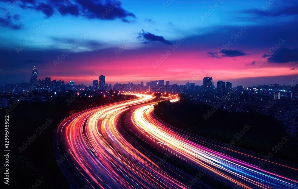 long exposure picture of colorful trafffic light on road from passing cars to skyline city.