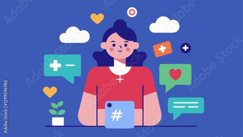 Social Media Campaign A digital illustration of an advocate creating an engaging social media post promoting ethical fashion with hashtags and likes popping up around the image.