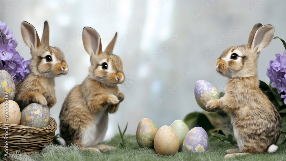 Fototapeta premium Springtime Easter Bunnies with a Basket of Colorful Eggs