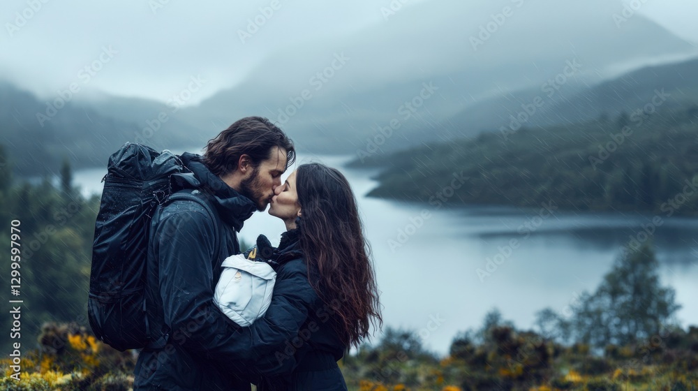 Naklejka premium Romantic Couple Kissing in Scottish Highlands Lake Rain