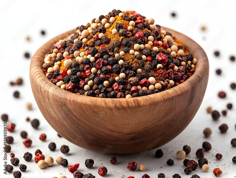 Multicolored Pepper and Herb Blend in Wooden Bowl: Organic Spices for Gourmet Cooking and Culinary Arts Multicolored Pepper and Herb Blend in Wooden Bowl: Organic Spices for Gourmet Cooking and Culinary Arts