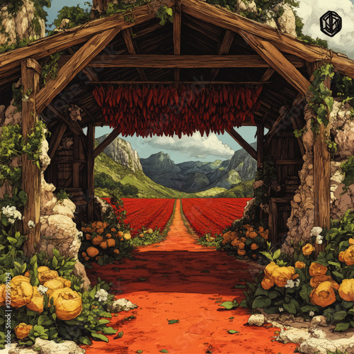 Rustic Wooden Barn Frame Leading to Vibrant Red Field with Blooming Yellow Flowers and Majestic Mountains Under Blue Sky - Ideal Countryside Ambiance Vector Art