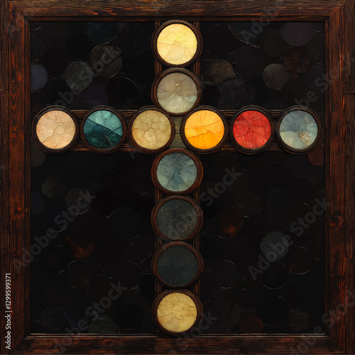 Stained Glass Cross Art in Rustic Wooden Frame: Multicolored Circular Panels, Dark Background, Symbolic Religious Wall Decor, Unique Wall Art, Home Interiors