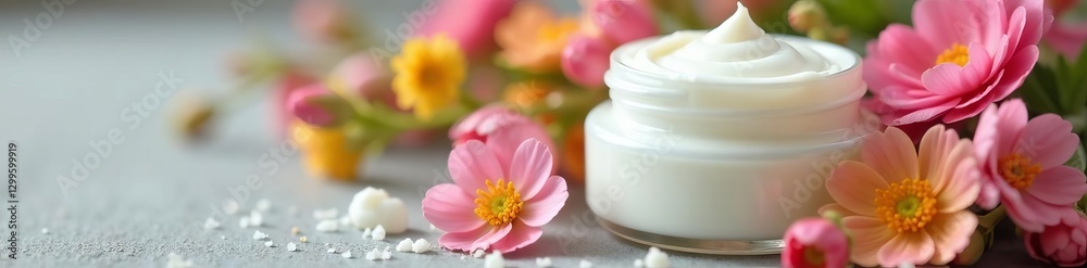 Close up of white cream jar surrounded by blooming spring flowers, aroma therapy, natural Close up of white cream jar surrounded by blooming spring flowers, aroma therapy, natural