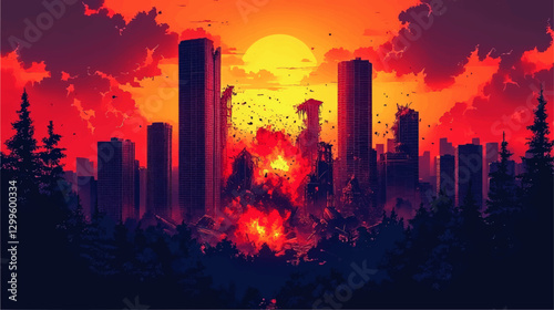 Dramatic Vector Art of City Explosion at Sunset with Skyscrapers and Forest Silhouette Featuring Fiery Clouds and Vibrant Colors in a Post-Apocalyptic Theme