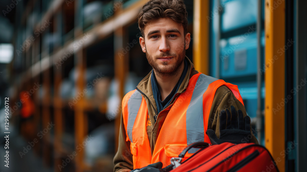 Fototapeta premium A skilled baggage handler stands confidently in a busy terminal, wearing a bright safety vest and gloves, while showcasing a piece of luggage
